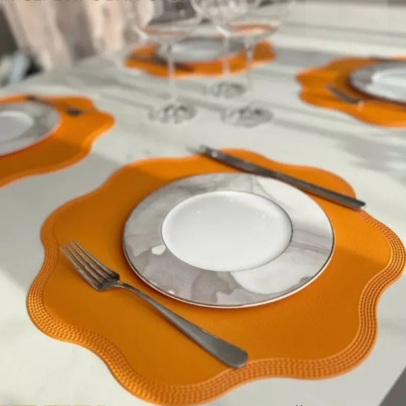 1/4/6Pcs Orange Placemats Faux Leather Flower Round Shaped Table Mats Table Decoration & Accessories Indoor/Outdoor Table Mats
