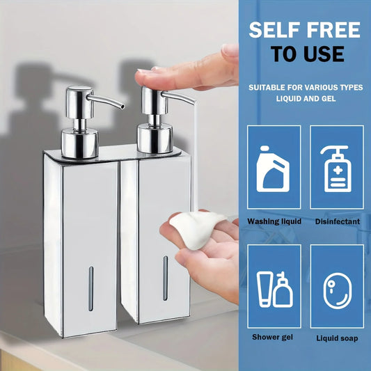 Square Stainless Steel Wall-Mounted Soap Dispenser for Kitchen Bathroom Public Places - Shampoo Bath Gel Bottle Hand Sanitizer P
