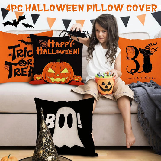 Spooky Halloween Decor: Trick or Treat, Happy Halloween, Boo, and Black Cat with 3 October Pillow Covers Sofa cushion cover,gift