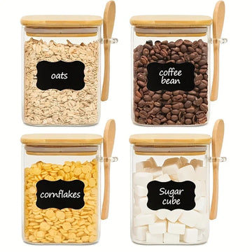 2/4Pcs-540Ml Kitchen Glass Spice Jar with Bamboo Lid, Square Food Storage Container, Overnight Oatmeal Container, Suitable for Kitchen Spices, Cereals, Tea, Coffee, Yogurt Jar with Spoon (Delivery Waterproof Labels, Whiteboar