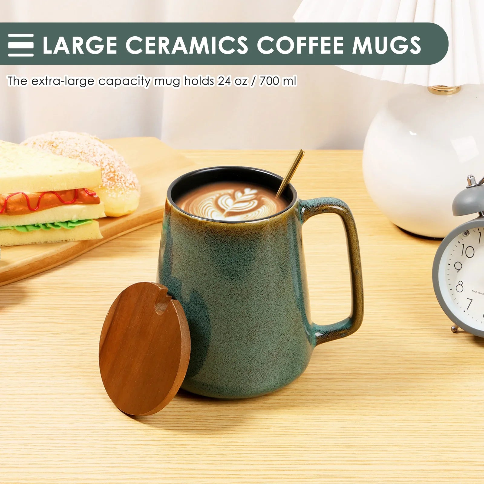 Ceramic Coffee Cup with Metal Spoon Wooden Lid 24 Oz Coffee Mug Kiln Change Process Large Handle Design Tea Cup Drink Cup Gifts