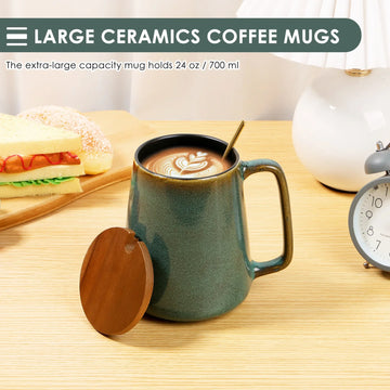 Ceramic Coffee Cup with Metal Spoon Wooden Lid 24 Oz Coffee Mug Kiln Change Process Large Handle Design Tea Cup Drink Cup Gifts