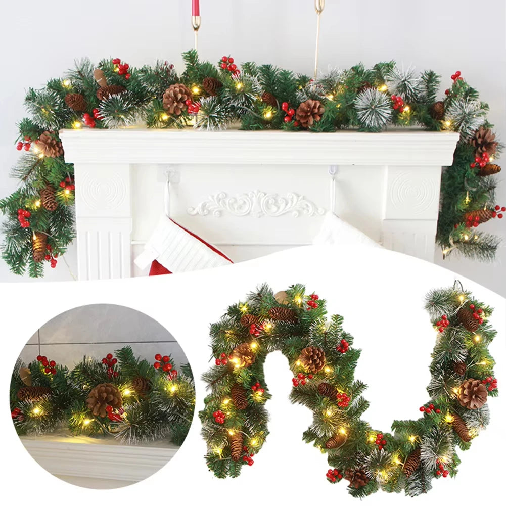 Christmas Red Berry Led Light Wreath Realistic Wall Decoration Christmas Vine Christmas Hanging Artificial Pinecone Vines