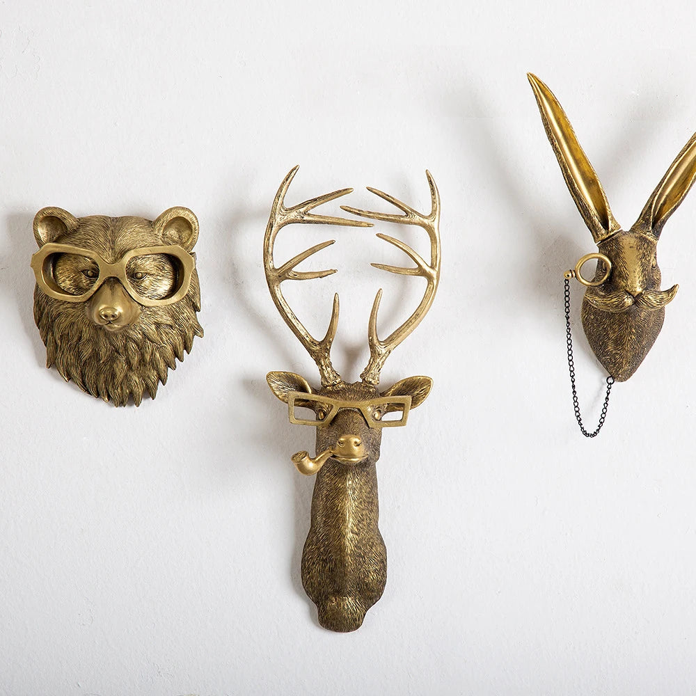 Nordic Bronzed Resin Animal Head Sculpture Pendant with Glasses Wall Mounted Bear Mouse Statue Figurine Hanging Pendant Ornament