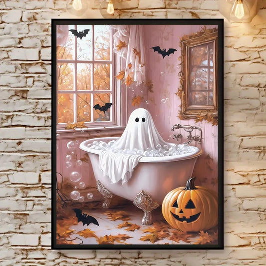 No Framed,Halloween Bathroom Posters, Ghost Spooky Print, Ghost Bathing Print, Halloween Wall Art, Spooky Poster, Wall arts Deco