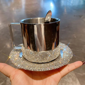 280ml 3pcs Coffee Cup Set Bling Rhinestone Stainless Steel Mug With Spoon Tea Cup Breakfast Milk Cup Saucer Office Home Mug Gift
