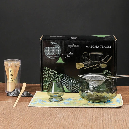 BespritGift New Arrival Matcha Set High Quality Glass Matcha Tea Set Bowl Whisk Stand Scoop with Gift Set Box for Tea Ceremonies