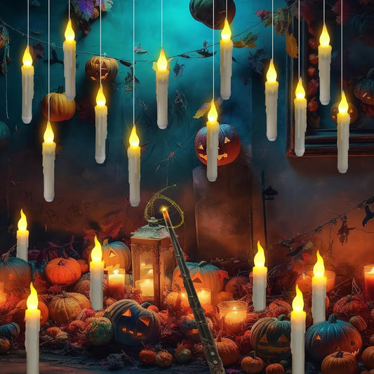 12 Pcs Floating Candles with Magic Wand Flickering Warm Light LED Flameless Candle Taper Candles for Christmas Halloween Party