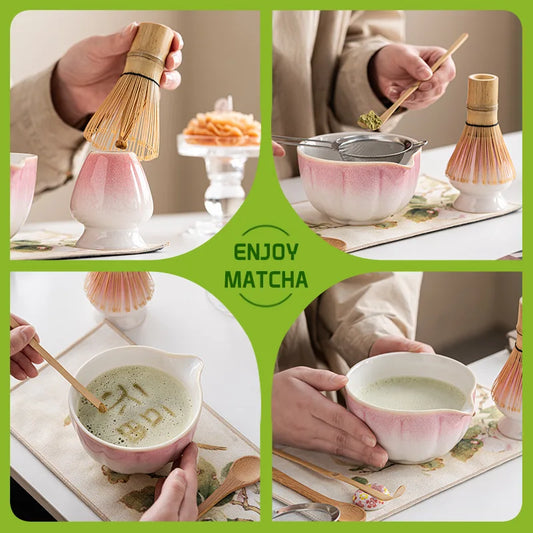 ‌Cherry Blossom Pink Matcha Bowl Set 8pc with Master Cup 100-Prong Bamboo Whisk Tea Scoop Song Dynasty-Inspired Tea Ceremony Kit