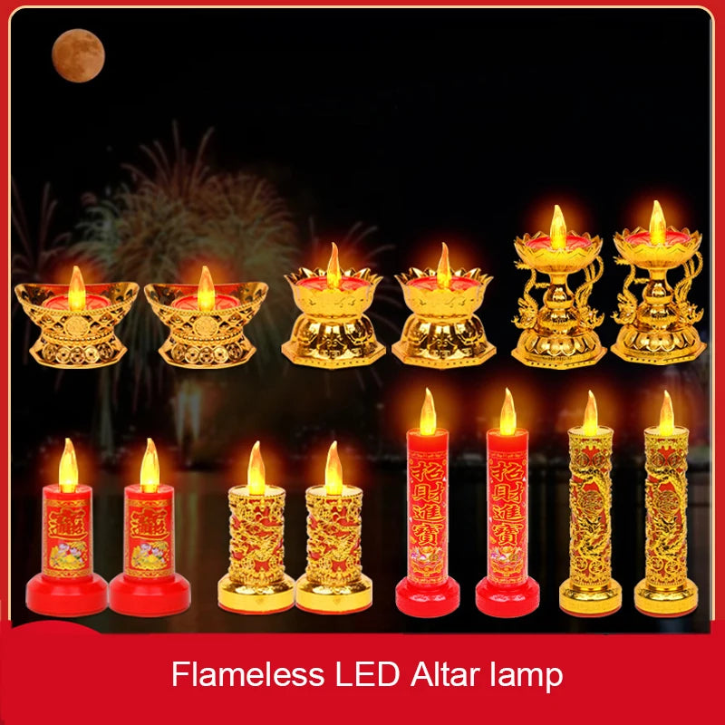 Pair Electric Thailand Candle & Candlestick 2AAA RICH Wealth Eternal Lamp Butter lamp For Buddhism Festival  Chinese New Year