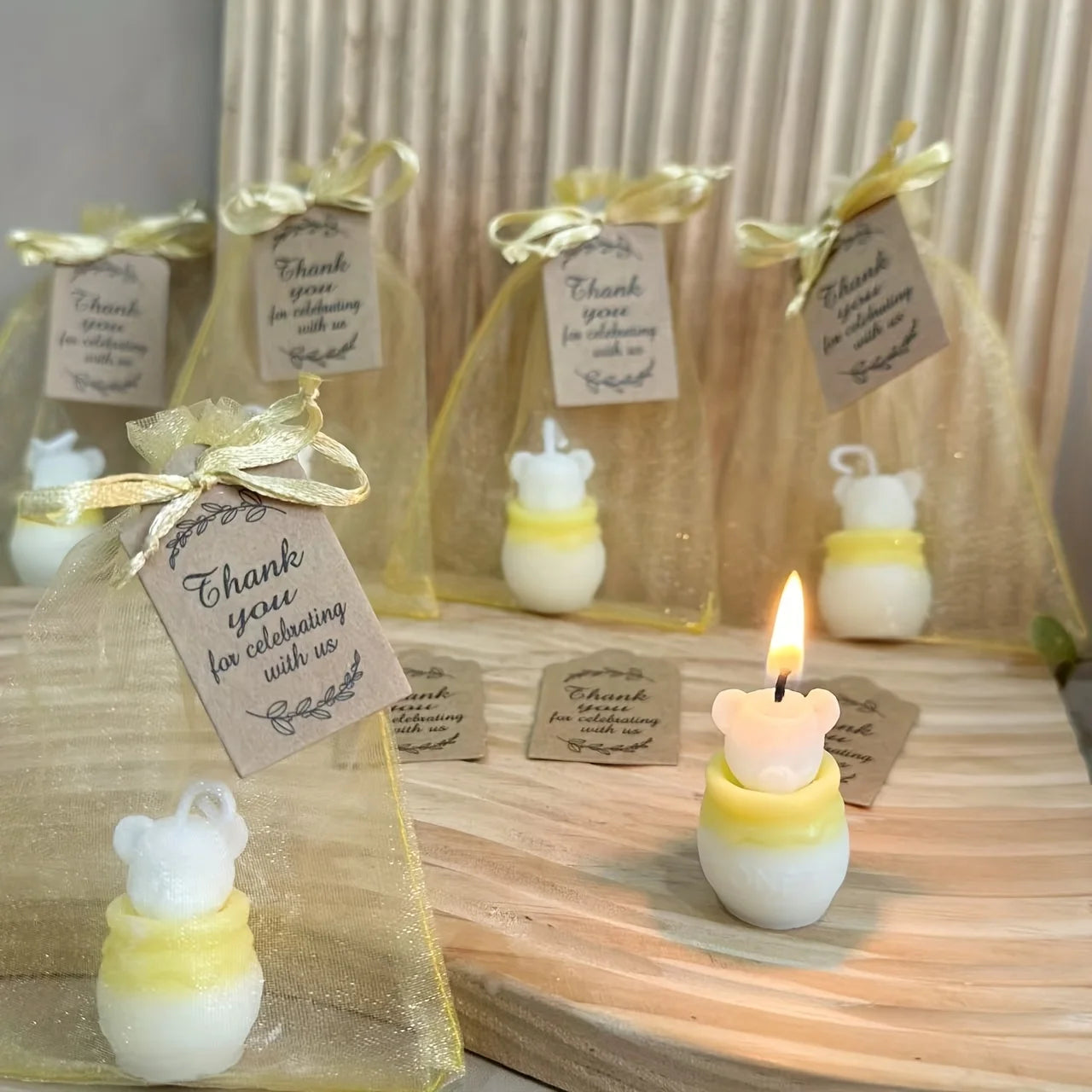 10sets White Bear Candles, with Cards and Golden Organza Bags Bags, Bee Themed Party Decorations Centerpieces for Tables