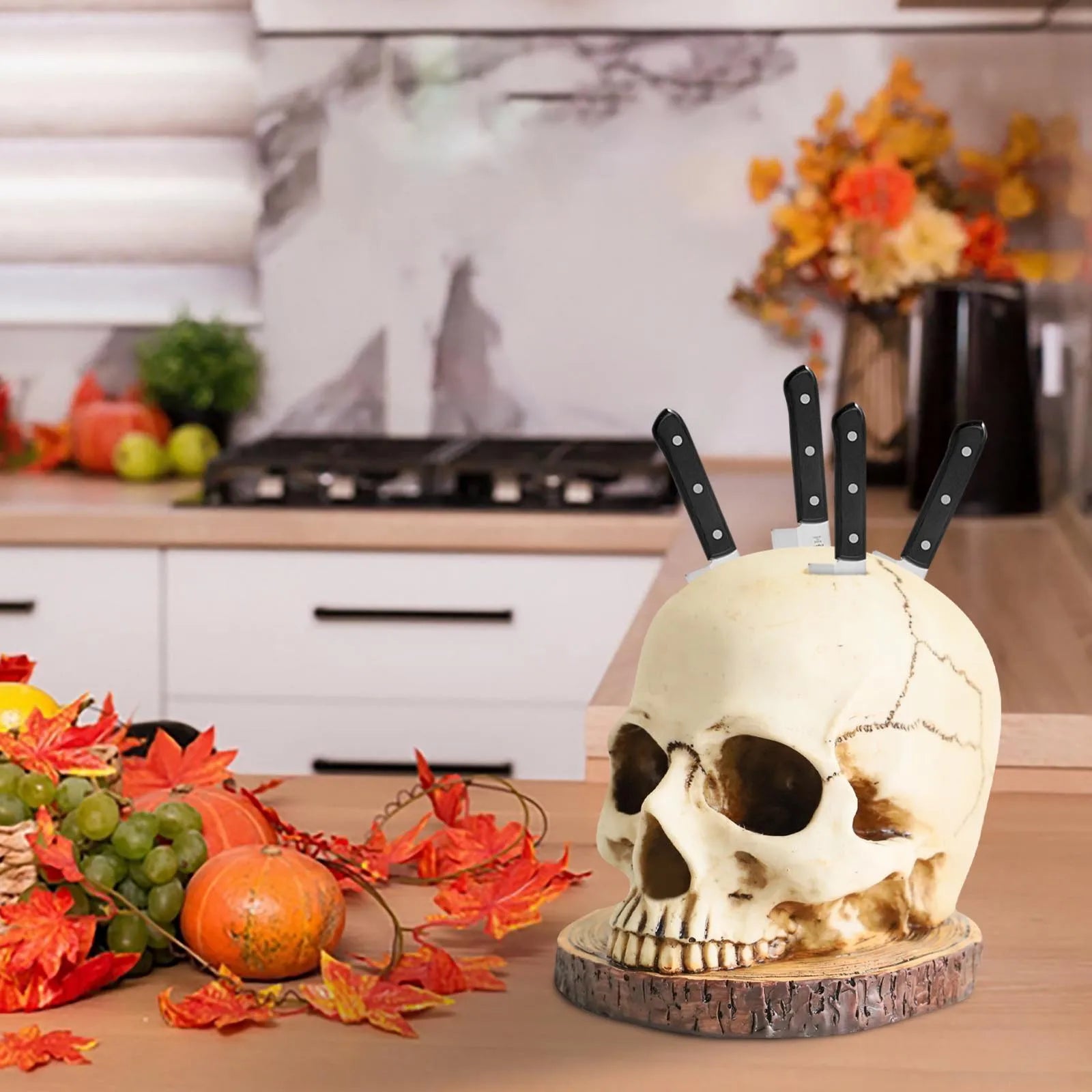 Skeleton Head Knife Holder for Kitchen Skull Knife Stand Horror Knives Storage Rack Decoration Cutter Holder Knives Organizer