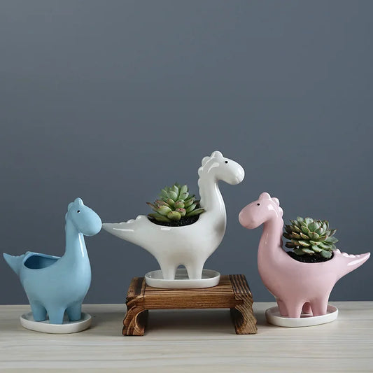 Ceramic Cartoon Dinosaur Planter with Tray, Creative Garden Pot for Succulents Plants Flower Pots Home Garden Desktop Decoration