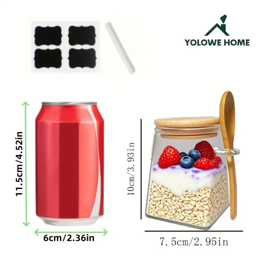 1/2/3/4Pcs-340Ml Rectangular Glass Jar Container, Kitchen Glass Seasoning Jar, Glass Spice Jar with Lid, Overnight Oatmeal Container, with Spoon Yogurt Jar, Wide-Mouth Sealed Glass Jar, Food Organization Storage Container, Sq