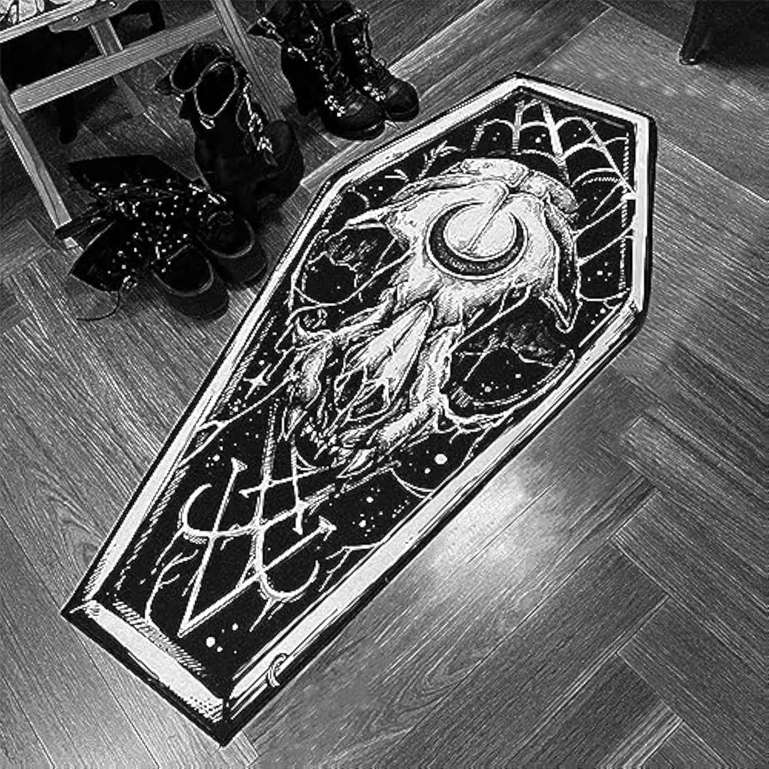 VIKAMA Halloween Bath Mat Coffin Rug for Bedroom Living Room Mysterious Black Carpet Gothic Rug Non-Slip Washable  Bathroom Rug