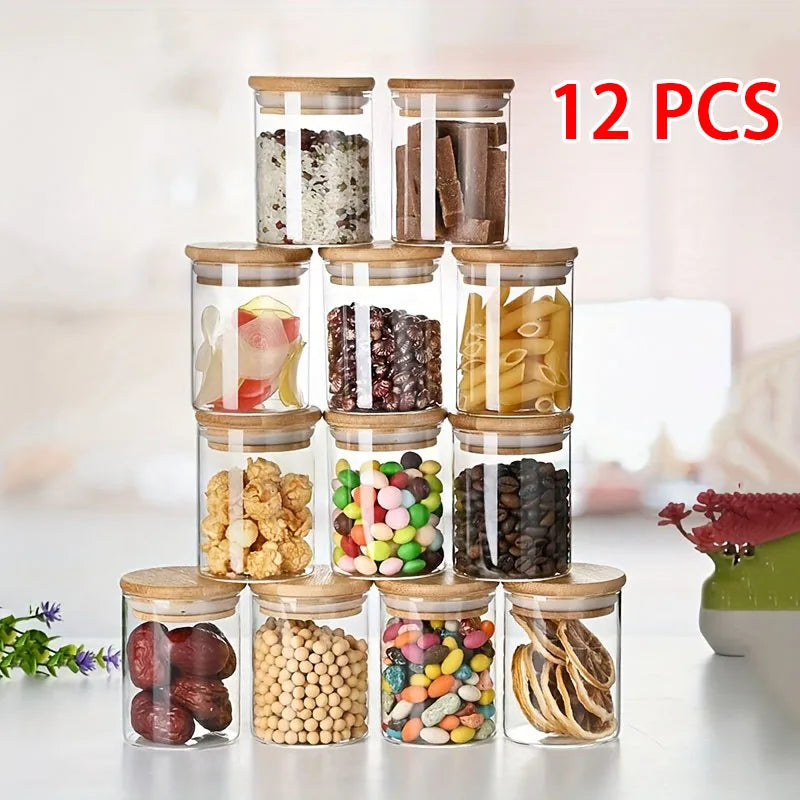 12 PCS Glass Spice Jars with Bamboo Lid Food Airtight Storage Set for Kitchen Accessories Home Lids Labels Containers Jars