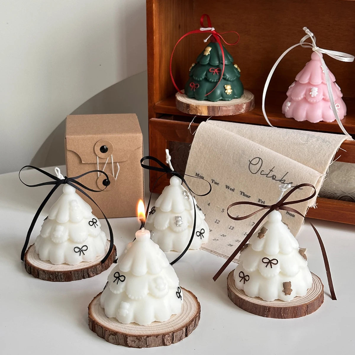 1/3pcsChristmas Tree Candle Gift Set with Bow | Holiday Home Decor, Festive Party Supplies