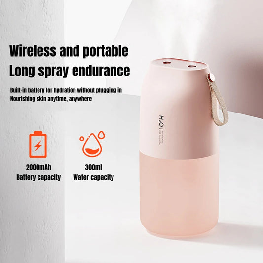 300ml Dual Sprayer Air Humidifier 2000mAh USB Rechargeable Battery Wireless Aroma Mist Maker Fogger Diffuser Light Umidificador