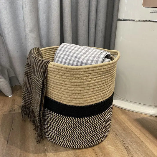 Hand-Woven Cotton Rope Basket Large Capacity Round Pot Holder Indoor Storage Basket For Store Plants Toys Clothes Japanese Style