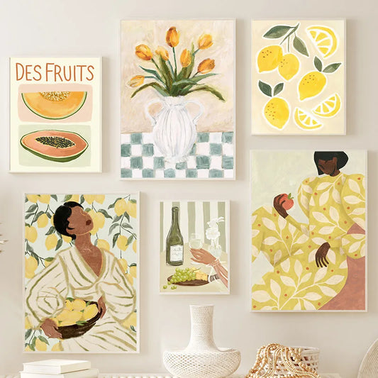 Retro Pajama Girl Lemon Flowers Vase Abstract Gallery Poster And Prints Wall Art Canvas Painting Pictures For Living Room Decor