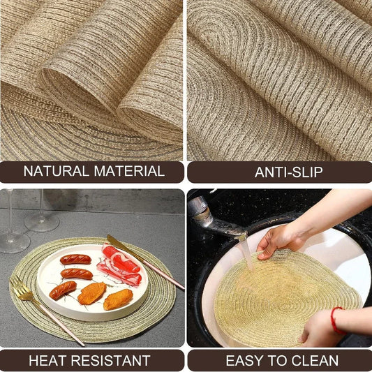 Set of 4/6 34CM Glitter Round Braided Placemats Golden Sliver Circle Place Mats Washable Table Mats for Kitchen Party Wedding
