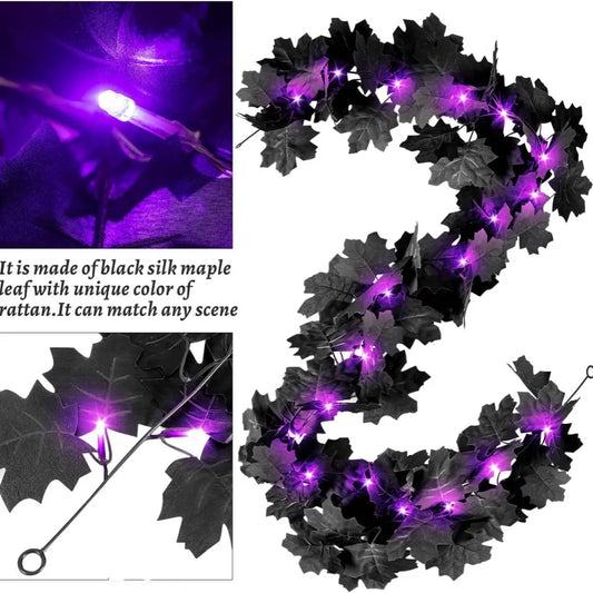 1pc Halloween Artificial Hanging Fall Leave Vines With 20 LED Black Leaf Garland With Purple Lights Battery Powered Horror Atmo