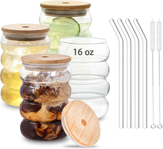 4 Pcs 480ML Creative Glass Cups Cute Ripple Shaped Vintage Drinking Glasses Ribbed Glassware with LIds Straws for  Coffee Juice