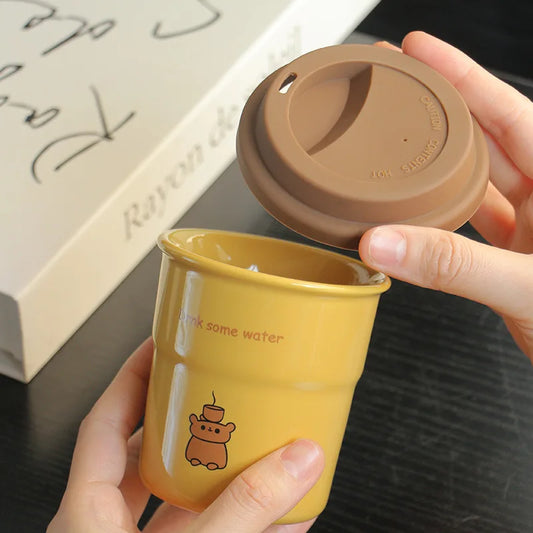 Ins style simple and cute cream style casual ceramic coffee cup, water cup, milk cup, breakfast cup, hand-held cup, cartoon cup