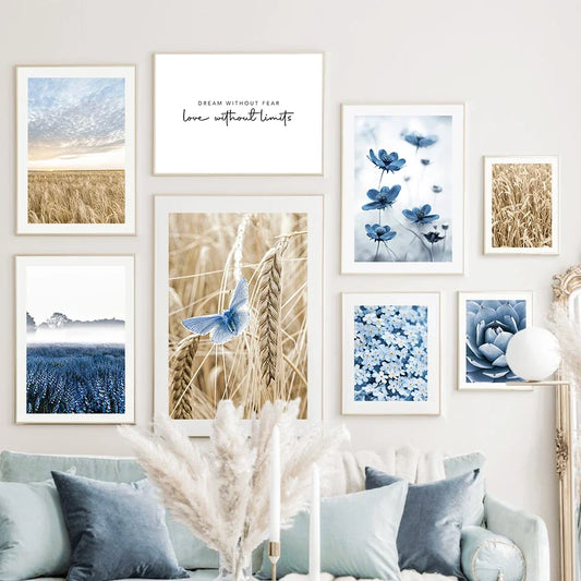 Blue Flower Butterfly Tiger Golden Wheat Wall Art Canvas Painting Nordic Posters And Prints Wall Pictures For Living Room Decor