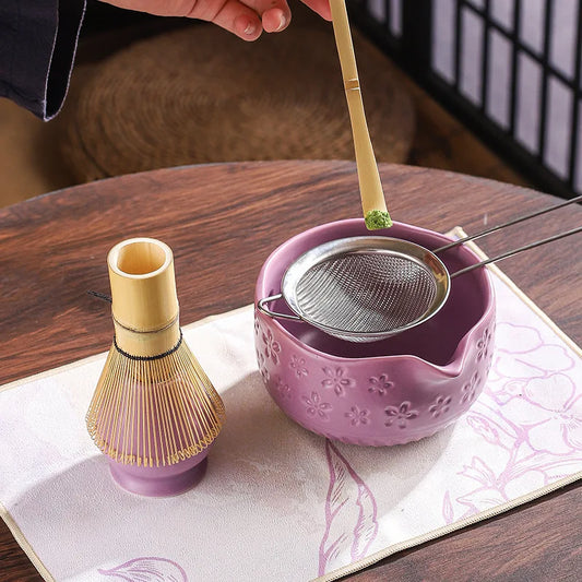 Japanese Matcha Tea Set – 7pcs Sakura Ceramic Bowl, Bamboo Whisk & Scoop – Beginner Tea Ceremony Kit | NaturalBuiltHome