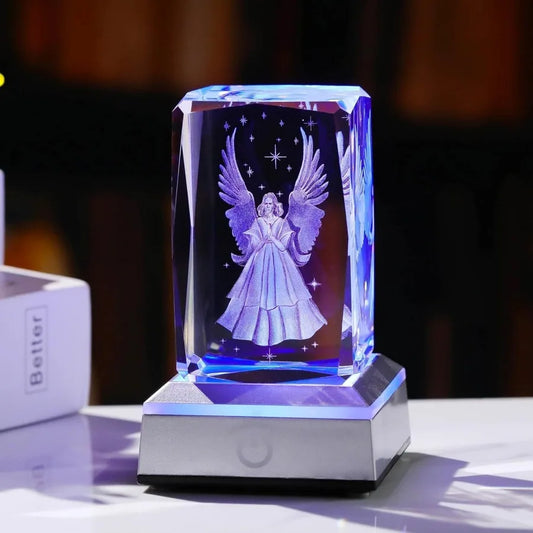 3D Crystal Guardian Angel Figurine with Colorful Light Base, Laser Engraved Glass Angel Gifts, Collectible Figurines Statues