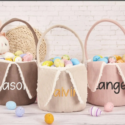 Personalized Embroidered Name - Easter Corduroy Bunny Tote Basket - Cute Rabbit Ears Large Capacity Candy Storage Basket