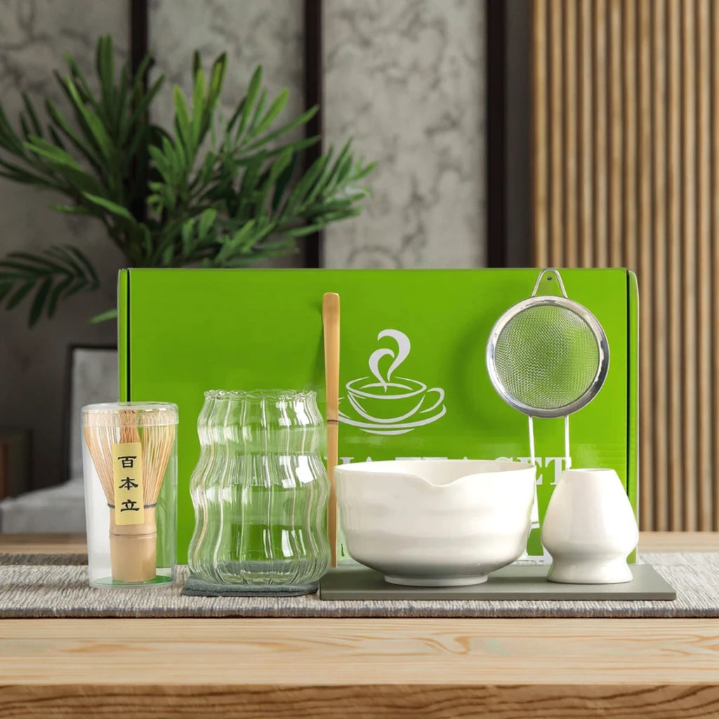 7 Pcs Matcha Whisk Set with Ceramic Bowl Glass Cup Japanese Ceremony Matcha Tea Making Tools Matcha Kit for Tea Ceremony