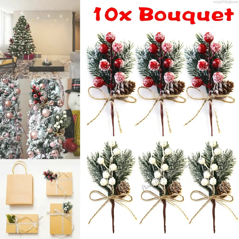 10/1pcs Christmas Decorations Festive&Party Supplies 10pcs Christmas Artificial Pine Branch Berry Flower Bouquet Pick Xmas Decor