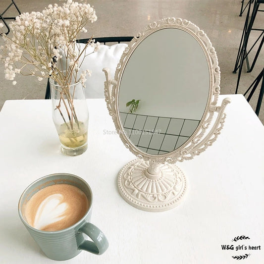 G&H Girl Mirror Woman Table mirror Makeup Mirror Double-Sided Rotating Table Mirror European Retro Round Mirror home decor