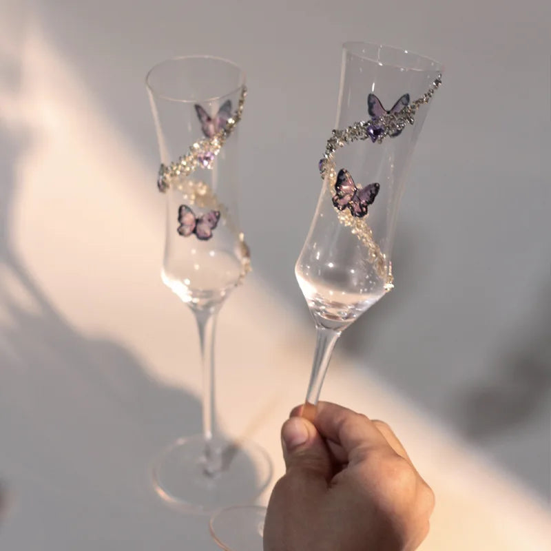 Butterfly Diamond Champagne Glass High-end Glass Goblet Wedding Toast Glass High-Pretty Wedding Gift