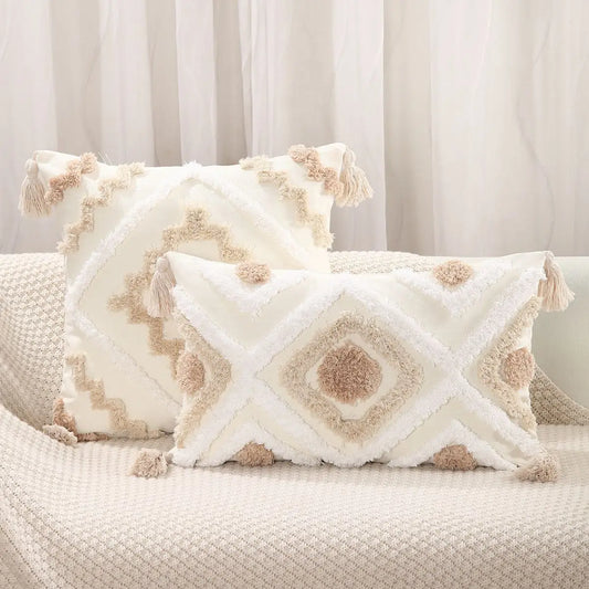 Tassels Cushion Cover Beige Boho Pillowcase with Tassels Tufted Home Decor Handmade Woven Pillowcase Sofa Living Room Decoration