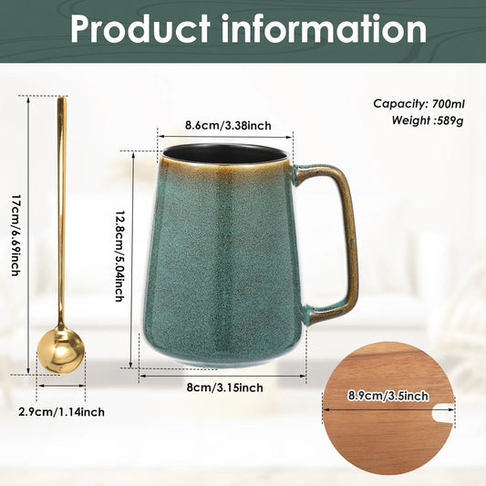 Ceramic Coffee Cup with Metal Spoon Wooden Lid 24 Oz Coffee Mug Kiln Change Process Large Handle Design Tea Cup Drink Cup Gifts