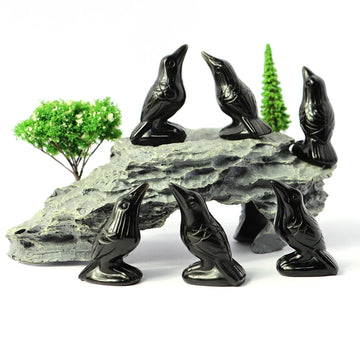 2" Raven Statue Natural Stone Black Obsidian Crow Sculpture Ornament Healing Crystal Bird Figurine Halloween Creative Decoration