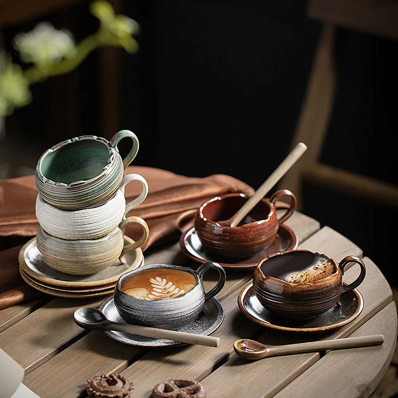 Ceramic Retro Coffee Cups and Plates  Creative and Personalized Kiln Made Mugs Latte High Aesthetic Latte Cups