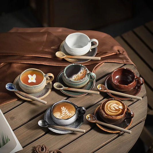 Ceramic Retro Coffee Cups and Plates  Creative and Personalized Kiln Made Mugs Latte High Aesthetic Latte Cups