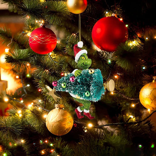 18Pcs 2D Acrylic Christmas Tree Green Monsters Ornaments Cute Green Monsters Christmas Tree Pendants Christmas Tree Decor