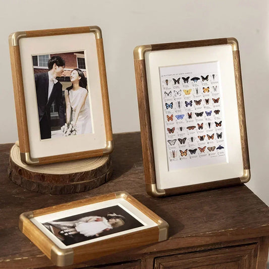Black Walnut Photo Frame 5/6/7/8 Inch Retro Tabletop Decoration Copper Corner Solid Wood Texture DIY Photo Frame Wooden Crafts