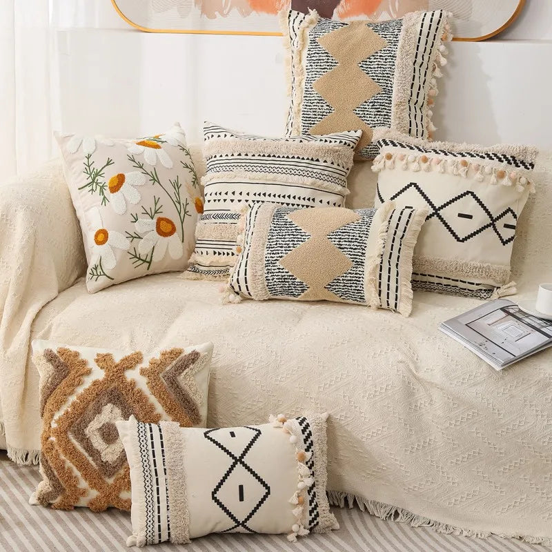 Boho Embroidery Cushion Cover Beige Black Tassels Pillow Cover 45x45cm/ 30x50cm Daisy Home Decoration Sofa Pillowcase