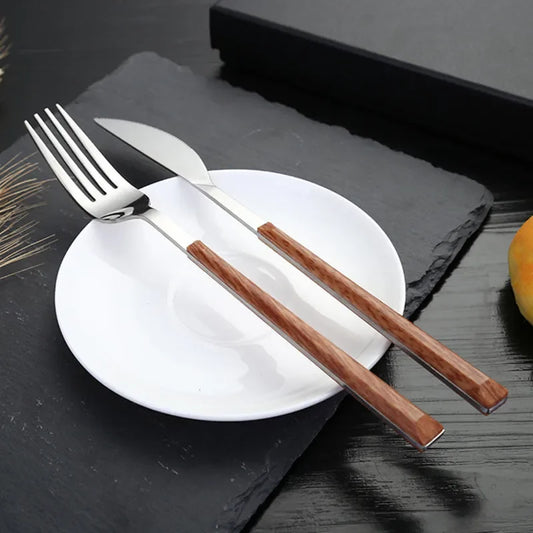 16pcs Stainless Steel Cutlery Set with Imitation Wood Handles – Knife, Fork, Spoon & Teaspoon Dinnerware | NaturalBuiltHome