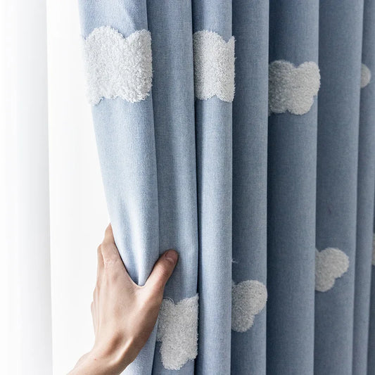 3D Cloud Embroidery Kids Curtains for Room Darkening, Thermal Insulated, Blackout Window Treatment,Grommet Top Window Curtains