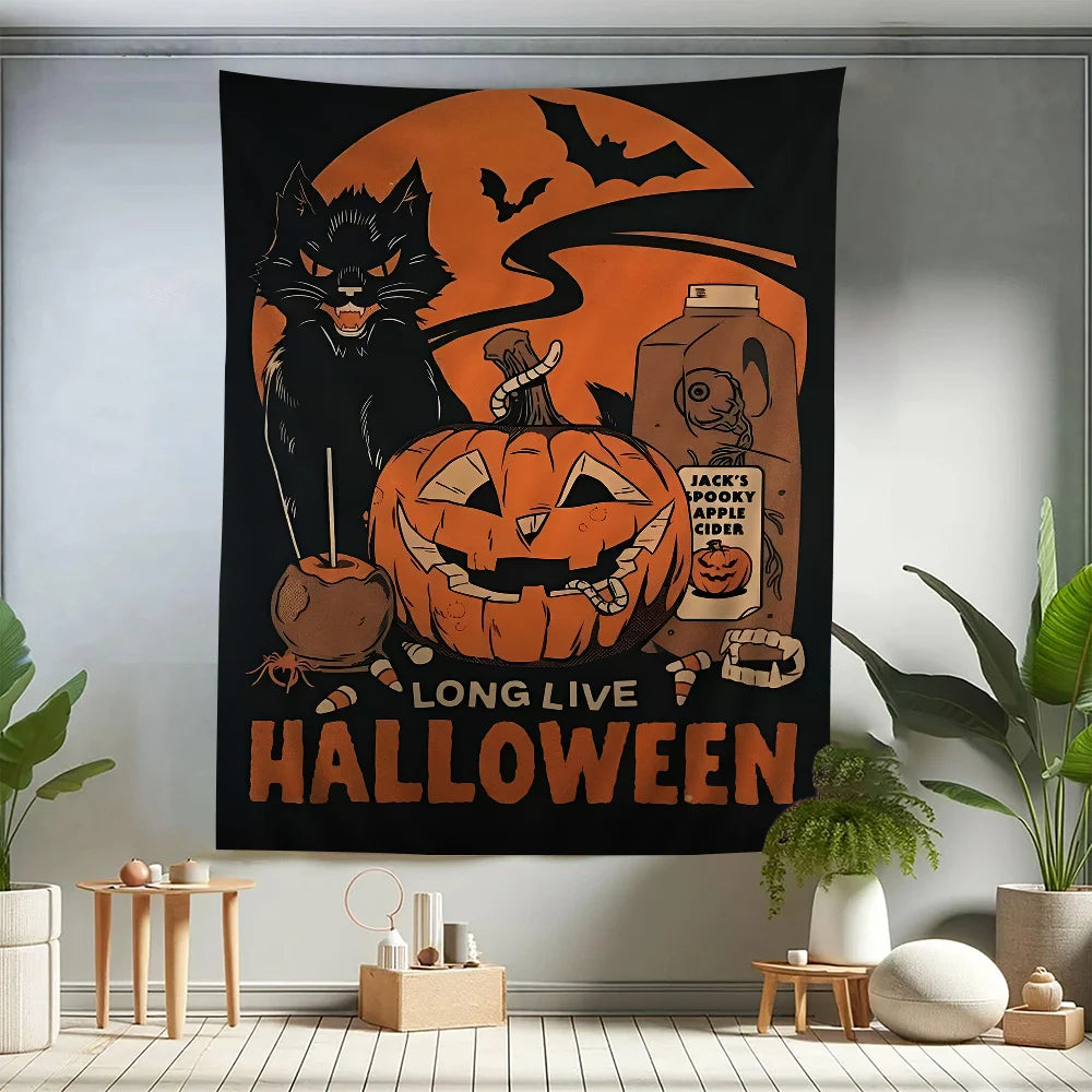 VIKAMA Halloween Fright Tapestry Orange and Black Castle Spooky Bar Magic Black Cat Escape Room Wallpaper Party Decoration