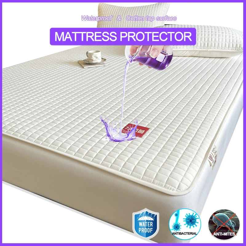 Waterproof Mattress Cover, Anti-Mite Mattress Protector - Hypoallergenic & Antibacterial, 100% Cotton Top Layer (30cm Deep)
