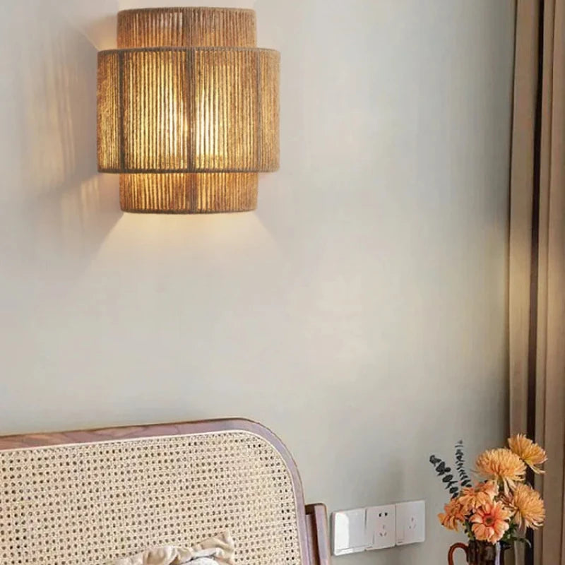 Retro Rattan Weaving Wall Lamp Shade LED E27 Chinese Design Hemp Rope Wall Sconces for Home Living Room Decor Lighting Fixtures