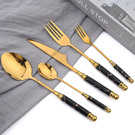 30Pcs Stainless Steel Cutlery Set – Gold & Black Flatware with Knife, Fork, Spoon | Dinnerware Set for Kitchen, Parties & Weddings | NaturalBuiltHome